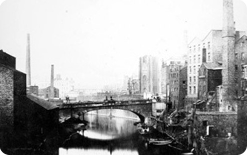 Slums alongside river irwell c1850